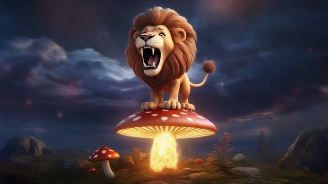 Fantastical roaring lion on glowing mushroom rocket.