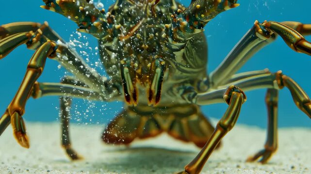 Close Up of Spiny Lobster Walking on Sandy Seabed Underwater