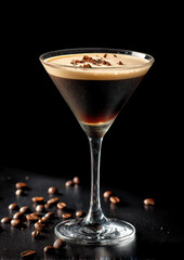 A delightful cocktail features a smooth dark layer topped with frothy cream and chocolate shavings. Coffee beans scatter beside the elegant glass, creating a warm ambiance.