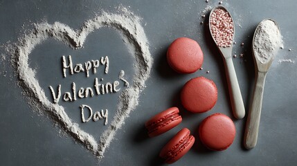 A festive Valentine's Day setup featuring macarons and heart-shaped message written in flour on a gray background with spoons of powder and sprinkles