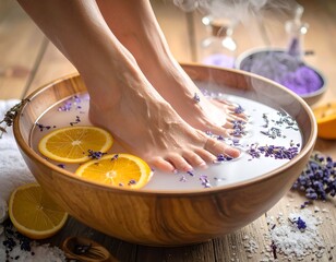 Feet submerged in a bowl of spa water with oranges and lavender