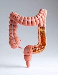 Anatomical model of large intestine, showing structure and contents