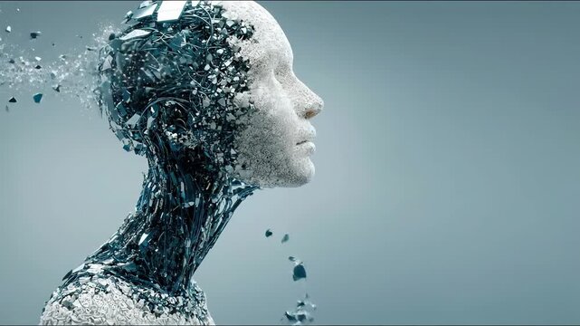 Woman's head surrounded by broken glass symbolizing fragility and introspection in a modern digital age. Digital Fragmentation of Human Identity &ndash; Animated Video Version