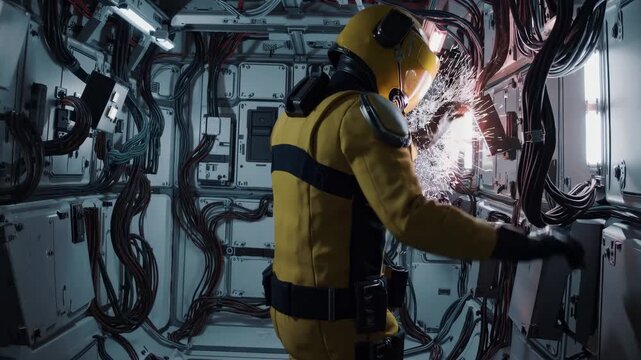 A futuristic sci-fi scene in a dimly lit spacecraft interior, viewed from a low angle, featuring a person in a yellow suit. Perfect for a video game setting.