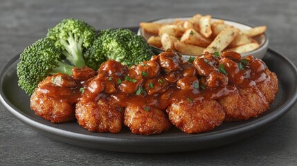 Fototapeta premium Plate of breaded, sauced bites with broccoli and fries