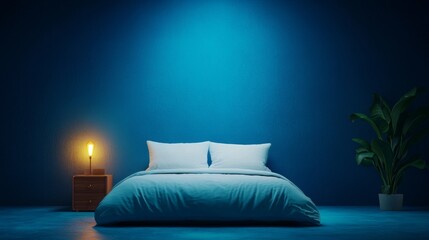 Minimalist Blue Bedroom Design with Cozy Bed and Ambient Lighting