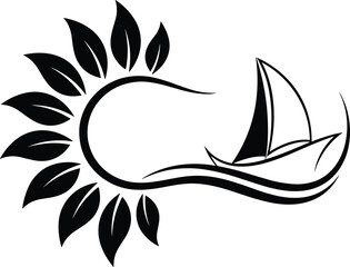 Minimalist black and white vector of sailboat riding wave from sunburst, blending nature and nautical themes for travel, adventure, and harmony concepts © Sahed