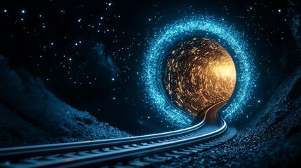 Futuristic Train Tracks Leading into a Sparkling Energy Portal