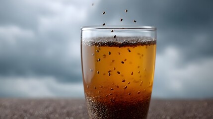 Chia seeds suspended in amber liquid in a glass with a dramatic cloudy sky background