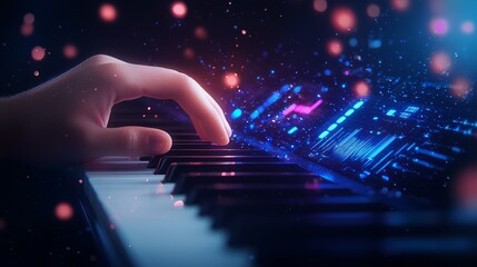 Hand Playing Electronic Keyboard with Futuristic Light Effects