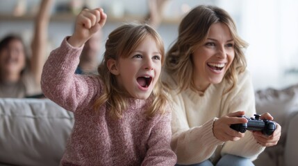 Fototapeta premium Fun gaming entertainment. A woman and a young girl joyfully playing video games on a couch, with the woman holding a joystick. The background is slightly blurred.