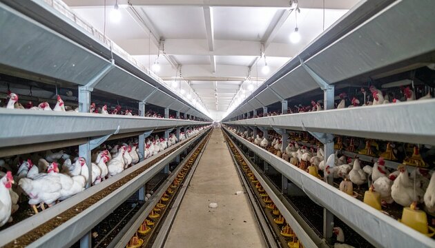 Intensive poultry farming with rows of cages filled with chickens in a large industrial building.
