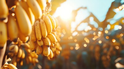 Ripe bananas hanging on plantation at sunset, tropical agriculture