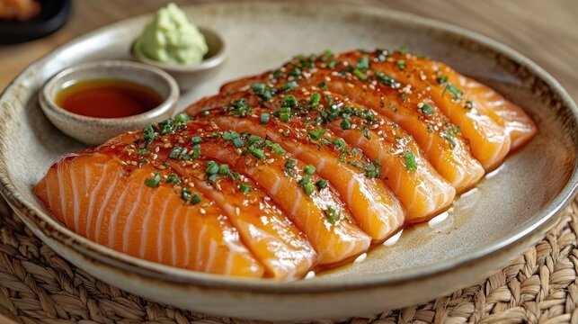 Sliced salmon, glazed, with sauce and wasabi