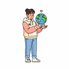 Fototapeta premium Illustration of a kind youth gently holding our planet, symbolizing global care and environmental stewardship for a sustainable future