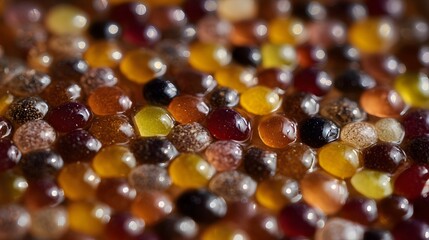 Close up ro view of numerous colorful translucent gel beads and textured spheres scattered across a surface