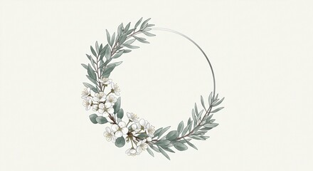 Fototapeta premium A beautiful floral wreath with green leaves and white flowers on a plain background