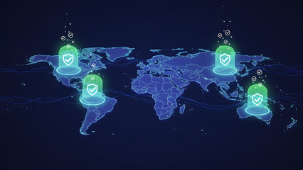 Global Data Privacy and Consent Zones on Digital World Map, International Cybersecurity, GDPR Compliance Worldwide, Global Data Privacy & Consent Zones