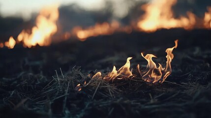 Field fire burning stubble, wildfire background, rural landscape, agricultural hazard