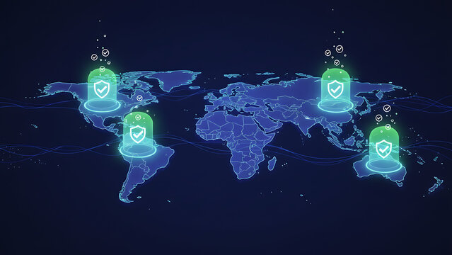 Global Data Privacy and Consent Zones on Digital World Map, International Cybersecurity, GDPR Compliance Worldwide, Global Data Privacy & Consent Zones - Powered by Adobe
