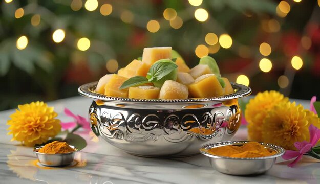 Cultural Ugadi Prasadam Featuring Jaggery-Based Sweets, Fresh Fruits, and Decorative Flowers
