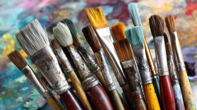 Education training class. Knowledge learning improvement study. A collection of paintbrushes of various sizes and colors, likely used for painting.