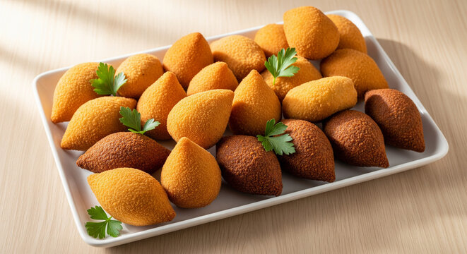 Brazilian Fried Snacks: Coxinhas and Kibes on a White Platter