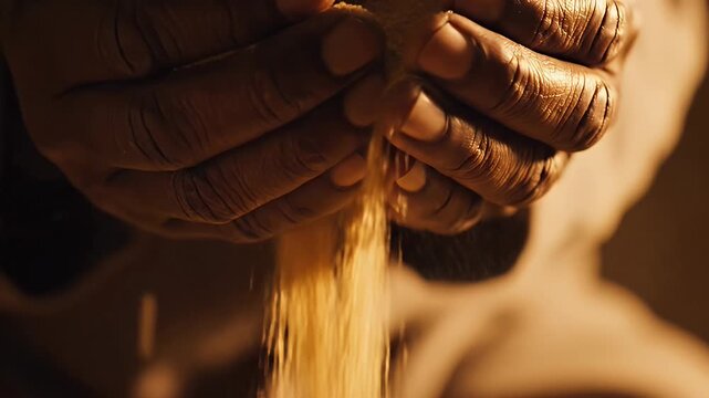 Close-up of hands sifting golden grains symbolizing harvest and agricultural work.