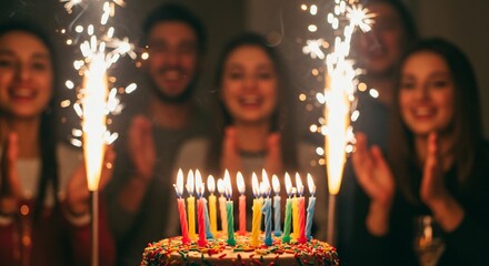 A group of friends celebrating a birthday with sparklers and a colorful cake