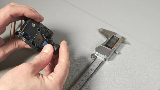  works with a digital caliper to measure a small robotic servo  and video camera fpv component . Taking size, wide,  precise measurement is shown on the LCD screen of the tool.