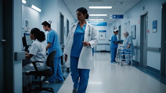 Female Doctor Walking Through Busy Hospital Hallway with Medical Staff and Patients.