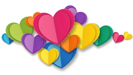 Colorful hearts in various shades and sizes arranged in a heart shape on a white background symbolizing love and affection in a vibrant and playful graphic design.