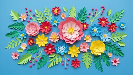 Vibrant floral arrangement of colorful paper flowers and leaves against a blue background symbolizing creativity and decor