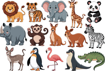 Cute cartoon animal collection with lion tiger elephant giraffe panda zebra penguin and wildlife characters isolated on white background © Miss