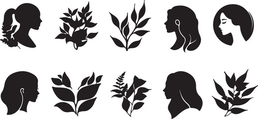 Set of black vector silhouettes featuring young women and wild animals decorated with tribal floral patterns and nature elements for tattoo design illustration