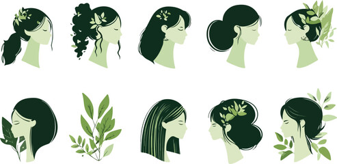 Hand drawn set of green leaves forming a global ecology symbol with a vector map of the world and nature icons for a fresh earth design