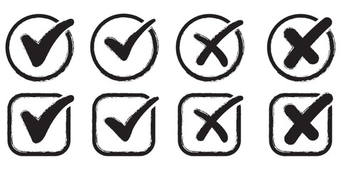 Check mark icons set. Green brush stroke check mark, tick symbols, checklist signs. Grunge brush stroke signs. Grunge checkmark design. Dirty grunge stroke checkmark sign vector illustration Handdrawn © Top