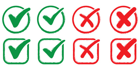 Check mark icons set. Green brush stroke check mark, tick symbols, checklist signs. Grunge brush stroke signs. Grunge checkmark design. Dirty grunge stroke checkmark sign vector illustration Handdrawn © Top