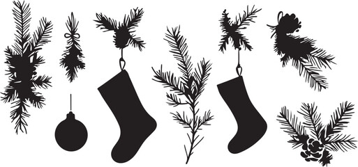 Vector illustration of a red Christmas stocking hanging from a tree and grass silhouette for a winter holiday celebration gift