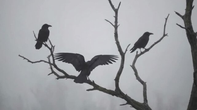 A stark, atmospheric scene unfolds as three dark-feathered birds perch on the skeletal branches of a bare tree. One bird in the center dramatically spreads its wings, poised either for flight or just 