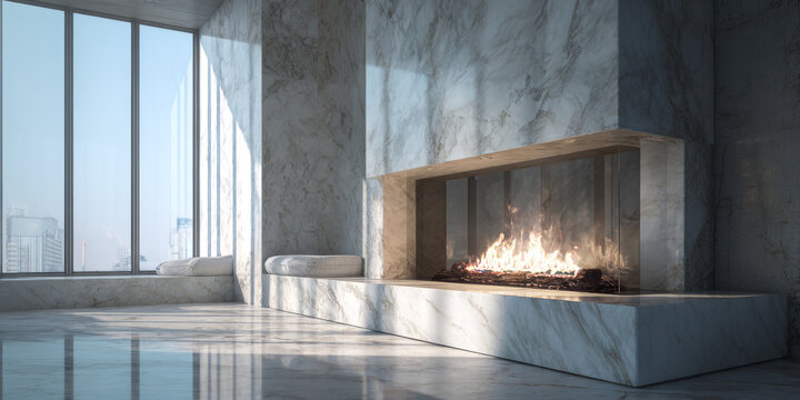 Modern fireplace with marble stone surround in contemporary living room setting featuring sleek design and warm flames
