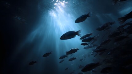 A school of fish gracefully navigates through shimmering sunbeams filtering down into the deep blue ocean depths