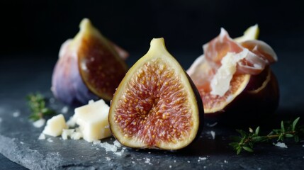 Fresh Fig Halves with Cheese, Prosciutto and Thyme on Dark Slate, An Elegant Presentation for Gourmet Dining or Culinary Photography with Natural Lighting