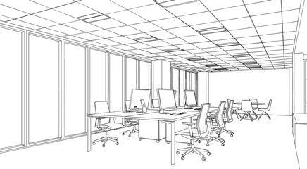 Modern office interior line art vector illustration with open plan workstations computers and meeting area © Bappi