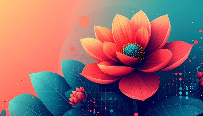 Vibrant red lotus flower with teal center and leaves against gradient background