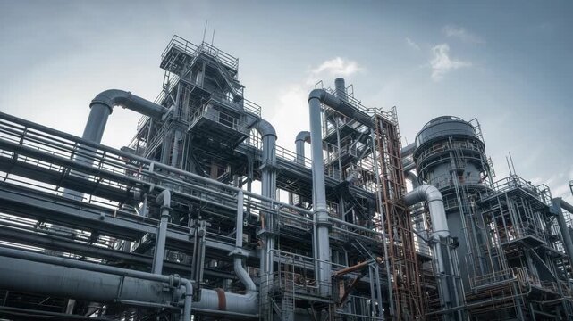 Industrial chemical plant exterior with steel structure pipework refinery tower metal walkway