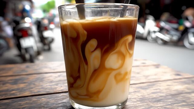 Milk Pours Into Iced Coffee Beverage at Outdoor Vietnamese Cafe
