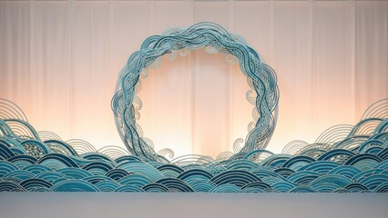 A blue and white abstract wave design with a circular frame and a wave pattern on the ground.