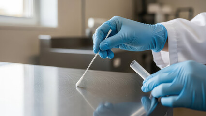 Meticulous gloved scientist swabbing stainless steel surface for contamination test in sterile laboratory environment, collecting sample with cotton swab into transparent tube