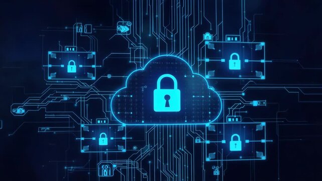 Cloud lock icon glowing over circuit board network secure cloud padlock digital security data